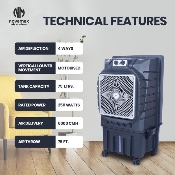 Novamax Epic 75 Litres 5D Front Grill Desert Air Cooler| Auto-Swing Louvers - Image 3